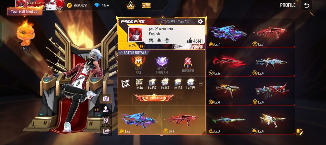 FF Account Lvl 76 | Prime 6 | 9 Artifact + 69 Mythic | 469 Weapons | 349 Collection | 46K Likes | BD Server Sold FF ID
