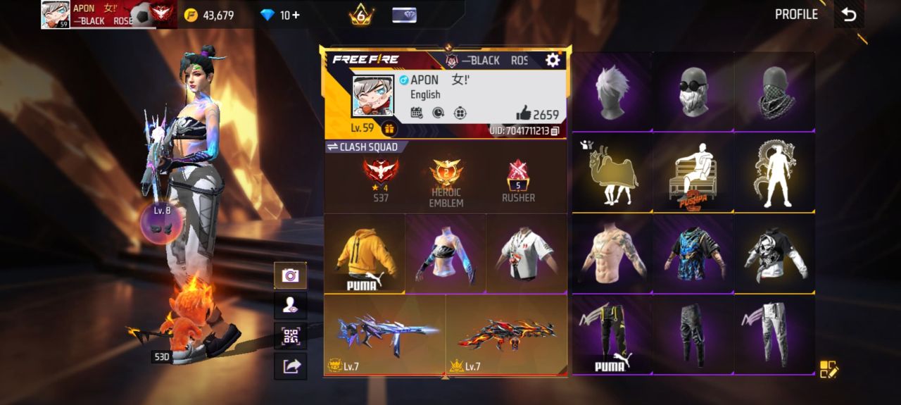 FF Account Lvl 59 | Prime 6 | 5 Artifact + 31 Mythic | 184 Weapons | 123 Collection | 2.6K Likes | BD Server Free Fire Account Bangladesh
