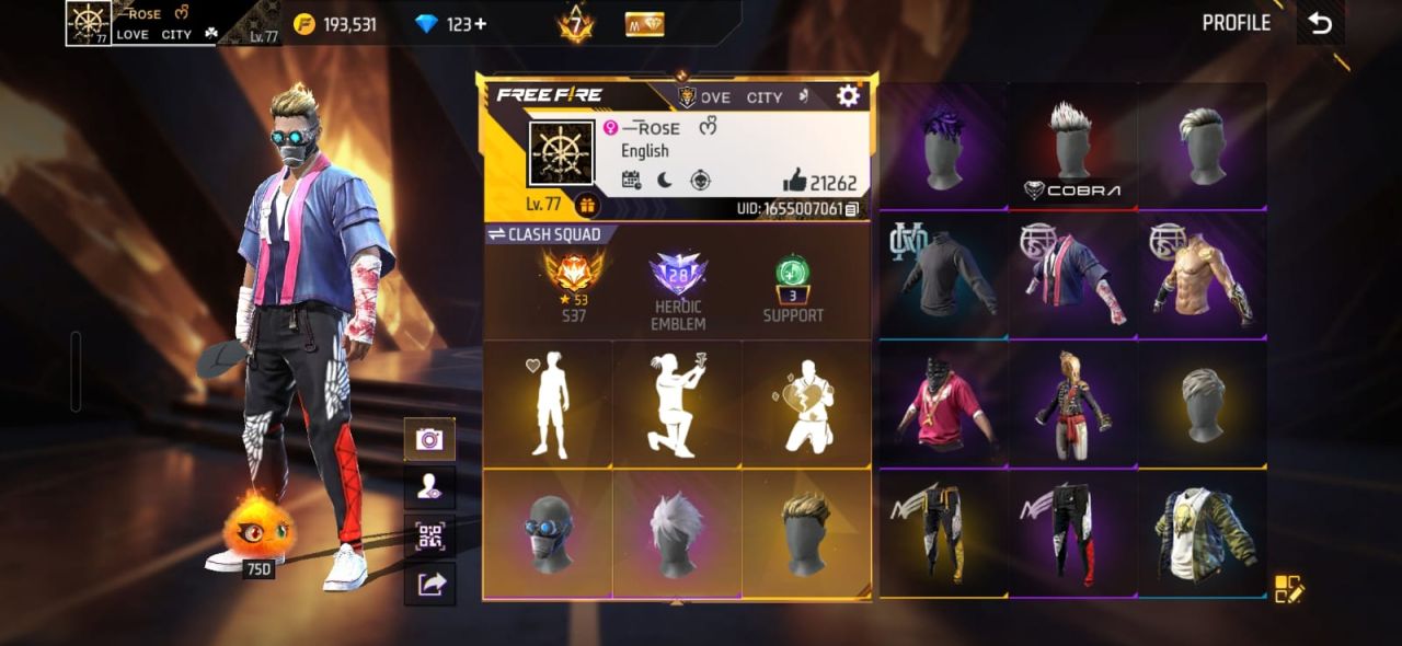 FF Account Lvl 77 | Prime 7 | 9 Artifact + 97 Mythic | 524 Weapons | 442 Collection | 316 Vehicles | 21K Likes | BD Server Free Fire Account Bangladesh