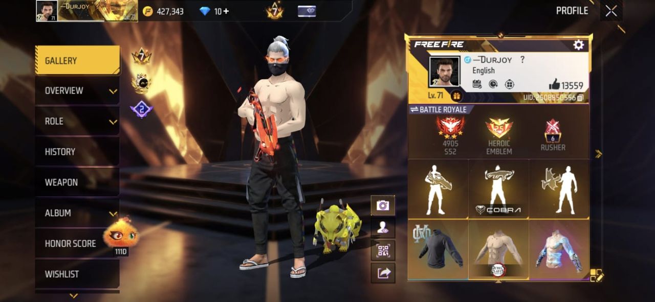 FF Account Lvl 71 | Prime 7 | 439 Weapons | High Gold Free Fire Account Bangladesh