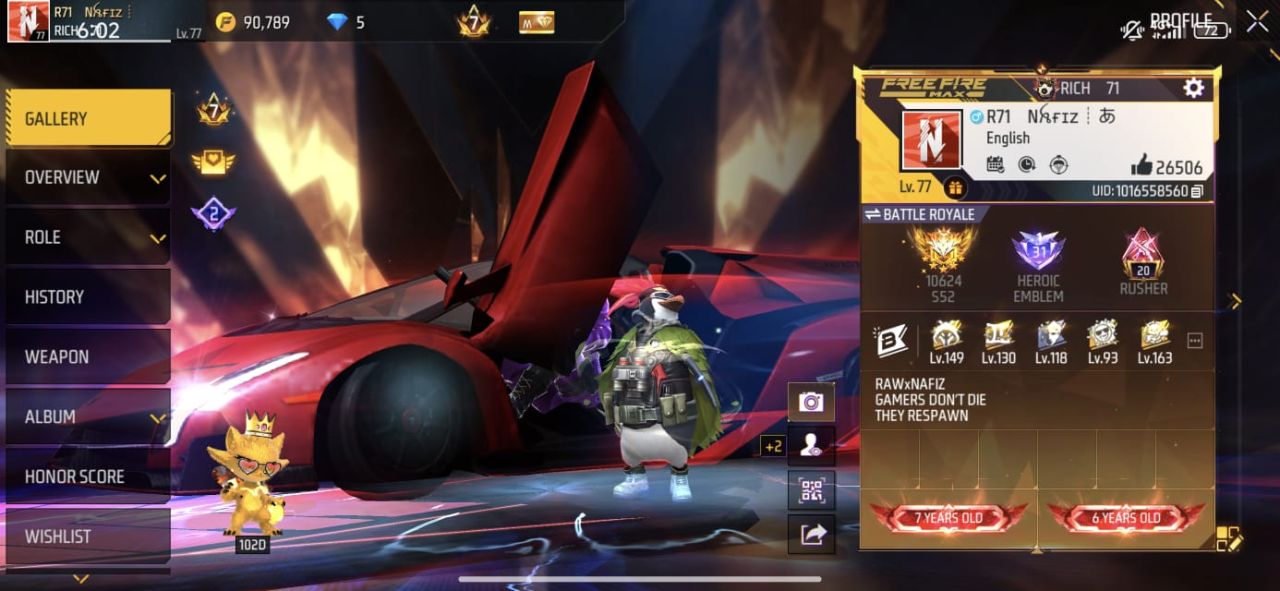 FF Account Lvl 77 | Prime 7 | 589 Weapons | Near Prime 8 Free Fire Account Bangladesh